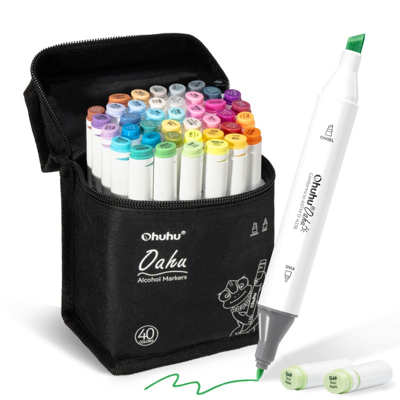 Ohuhu Alcohol Markers - Double Tipped Art Marker Set for Artists Adults Coloring Illustration - Alcohol-based Refillable Ink - 40 Colors - Chisel & Fine Dual Tips - Oahu of Ohuhu Markers - Image 1